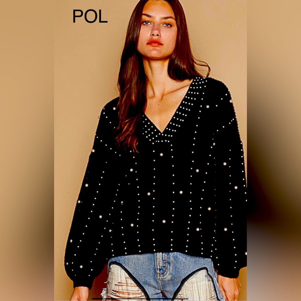 POL Black Pearl-Embellished Sweater